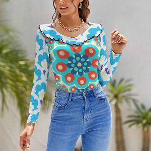 Women's Long Sleeve Colourful Skinny Ruffle T-Shirt